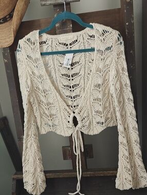 Lila Rose Cream Open-Front Crochet Tie-Front Shrug